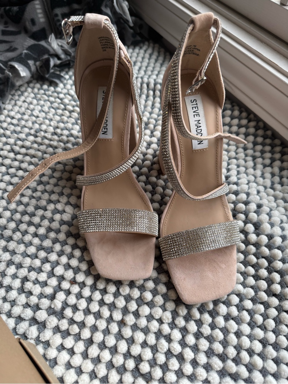 Steve Madden Nude Rhinestone Strap Block Heels